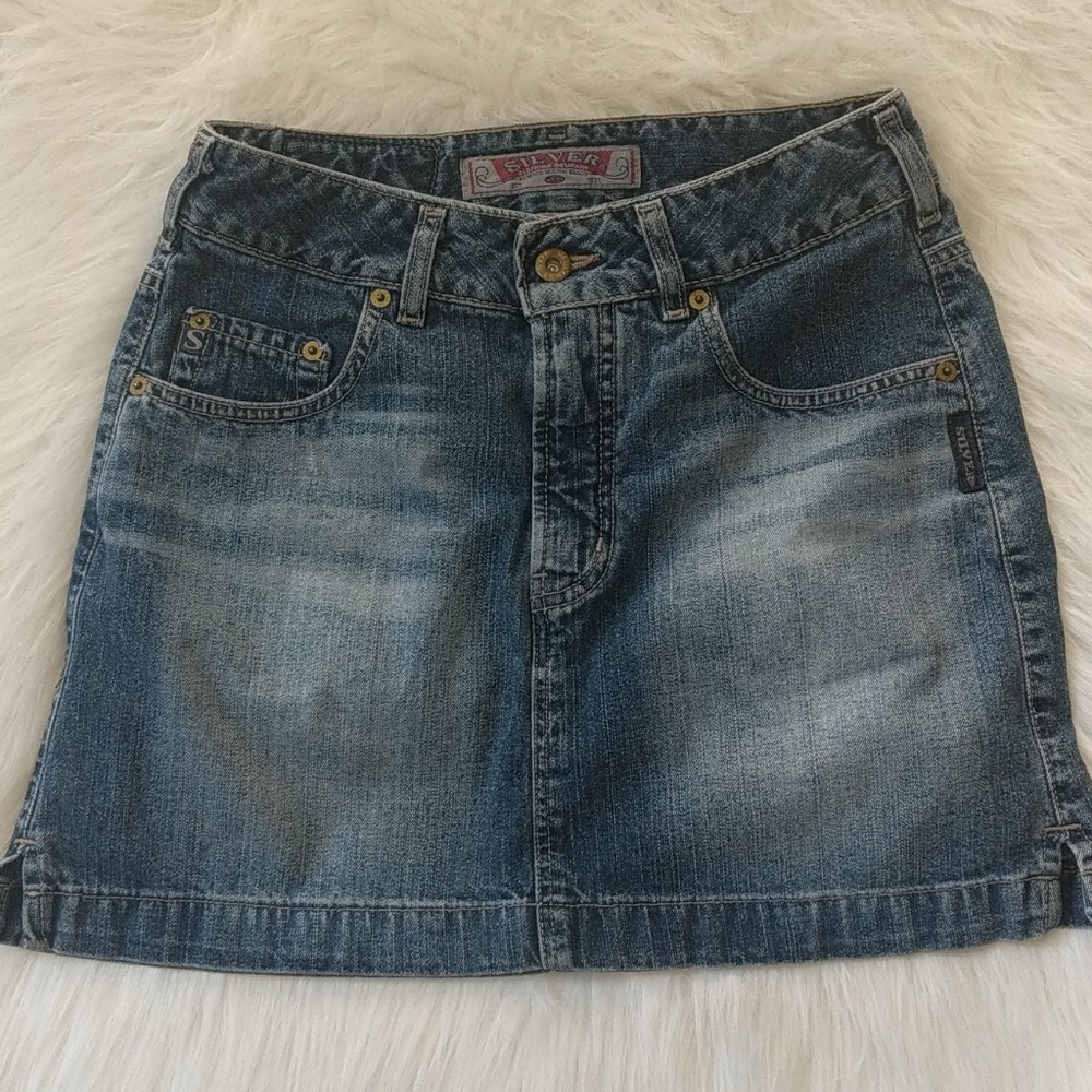 Silver Distressed Denim Skirt